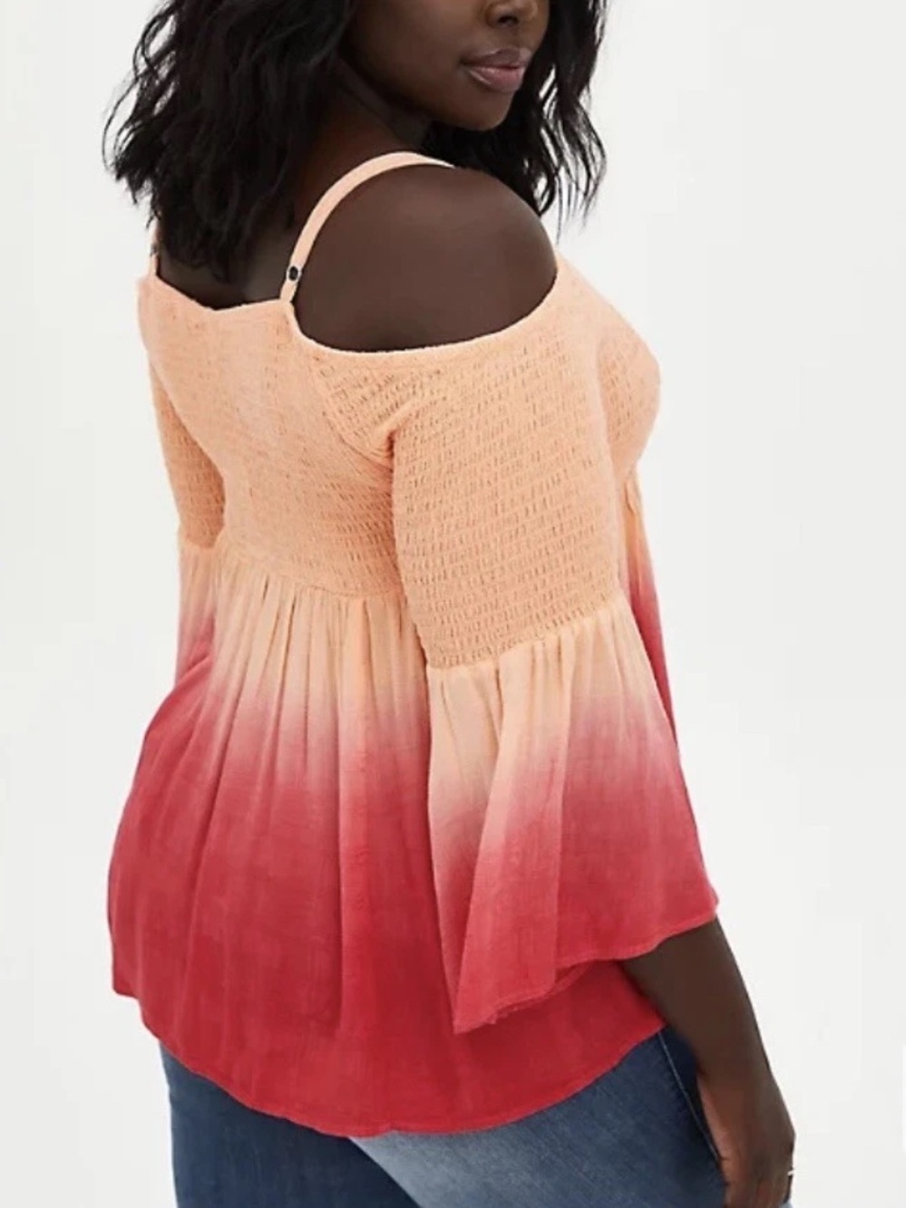 Torrid Challis Cold Shoulder Smocked Babydoll Blouse Ombré Peach Size 1X EUC
